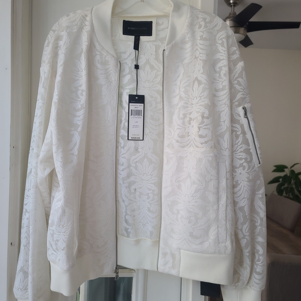 BCBGMaxAzria White Floral Lace Bomber Jacket